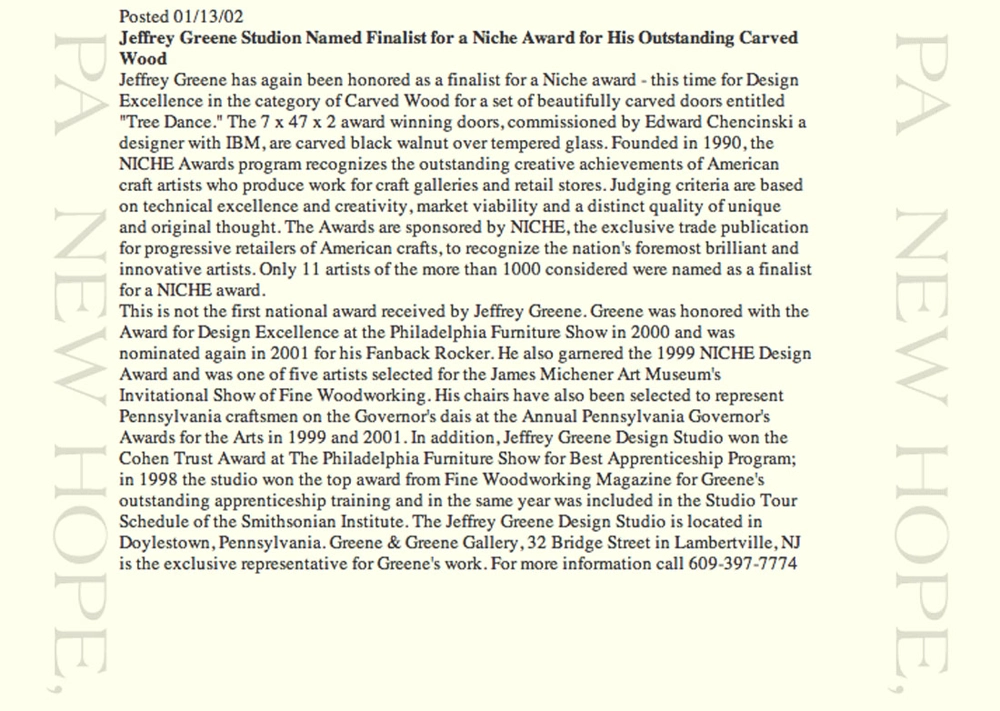 Jeffrey Greene Studio Named Finalist for a Niche Award for His Outstanding Carved Wood